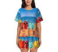 JEJEA Tongs sur une plage de sable imprimé pyjama 2 pièces pour femme avec poches, ensemble de vêtements de nuit d'été à col rond et manches courtes, Noir , 3XL