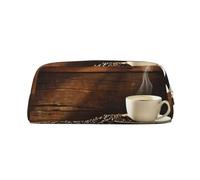 JEJEA Trousse à crayons en cuir avec imprimé tasse à café et grains de café, grande capacité, trousse de papeterie, trousse de maquillage polyvalente, doré, Taille unique, Trousse de toilette