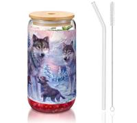 JEJEA Wolves Family Tasses en verre avec couvercles en bambou et pailles, tasse à café, tasses en forme de canette, verres, cocktails, transparent