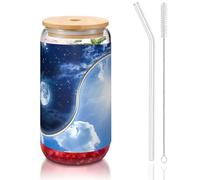 JEJEA Yin Yang World Tasses en verre avec couvercles et pailles en bambou Transparent