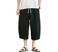 JEKE-DG Pantalon 3/4 en lin avec cordon de serrage pour homme - Pantalon ample - Short de plage d'été, noir, XX-Large