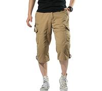 JEKE-DG Short capri 3/4 pour homme sous le genou, pantalon décontracté, multi-poches, short long pour entraînement, kaki, Taille S