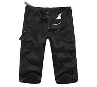 JEKE-DG Short cargo long en sergé pour homme, coupe décontractée, multi-poches, léger, noir, Taille XL