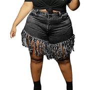 JEKE-DG Short en jean brut effiloché taille haute avec pompons extensibles pour femme, noir, XX-Large