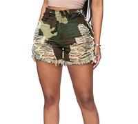 JEKE-DG Short en jean déchiré extensible à ourlet brut effiloché taille haute pour femme, vert, Taille M