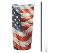 JEKYQ Gobelet isotherme en acier inoxydable avec couvercle - Motif étoiles et rayures - Tasse à café isotherme à double paroi pour boissons chaudes et froides