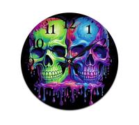 JEKYQ Horloge murale silencieuse de 25,4 cm sans tic-tac - Horloge murale analogique - Deux têtes de mort colorées - Décoration murale ronde pour la maison, la cuisine, le salon, la chambre à coucher