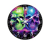 JEKYQ Horloge murale silencieuse de 25,4 cm sans tic-tac - Horloge murale analogique - Deux têtes de mort colorées - Décoration murale ronde pour la maison, la cuisine, le salon, la chambre à coucher