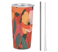 JEKYQ JJ0520201 Gobelet isotherme en acier inoxydable avec couvercle, motif fleurs rouges et oranges, tasse de café isotherme à double paroi pour boissons chaudes et froides