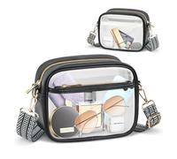 JELLYEA Sac à bandoulière pour femme en cuir véritable avec 3 grands compartiments, sac à bandoulière élégant porte-téléphone portable avec 2 bandoulière large réglable et amovible, G-noir transparent