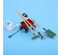 Jelquix Miniature Haute Simulation 5 Pièces Outils de Jardinage Modèle pour 1/12 Maison de Poupée Décor écologique Fer Bois coloré Pelle Râteau Chariot Bouilloire pour Les Amateurs de Poupées