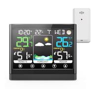 jely Station Meteo Interieur Exterieur Sans Fil avec Capteur Thermomètre Hygromètre LCD Écran Couleur avec Alerte Température Météo Prévisions DCF Radio Phase de la Lune Snooze Réveil
