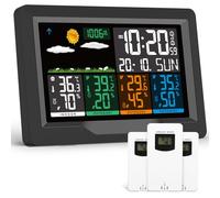 jely Station Météo Sans Fil avec 3 Capteurs Intérieur Extérieur,Écran LCD avec 4 Rétroéclairages Réglables, Radio Stations Météo avec Temps, Prévisions Météorologiques, Baromètre, Réveil