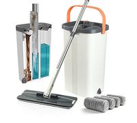 Jelymark Serpillère Plate et Seau avec essoreuse, sépare l'eau Sale et Propre, 3 Compartiments pour Utilisation Humide et sèche, Balai Mains Libres pour Le Nettoyage du Sol, 4 serpillères
