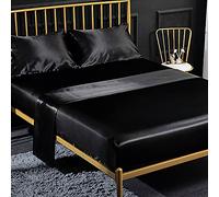 Jemiipee Ensemble 4 Pièces de Draps de Lit en Satin Couleur Unie 1 x Drap Housse 135x190 cm 1 Personne avec Grand Bonnet de 35 cm, 1 x Drap Plat et 2 x Taie d'oreiller, Noir
