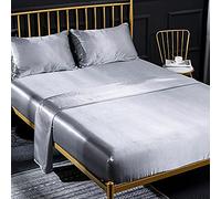 Jemiipee Ensemble 4 Pièces de Draps de Lit en Satin Couleur Unie 1 x Drap Housse 150x200 cm 2 Personnes avec Grand Bonnet de 35 cm, 1 x Drap Plat et 2 x Taie d'oreiller, Argent