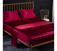 Jemiipee Ensemble 4 Pièces de Draps de Lit en Satin Couleur Unie 1 x Drap Housse 150x200 cm 2 Personnes avec Grand Bonnet de 35 cm, 1 x Drap Plat et 2 x Taie d'oreiller, Rouge Bordeaux