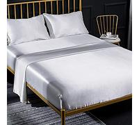 Jemiipee Ensemble 4 Pièces de Draps de Lit en Satin Couleur Unie 1 x Drap Housse 160x200 cm 2 Personnes avec Grand Bonnet de 35 cm, 1 x Drap Plat et 2 x Taie d'oreiller, Blanc