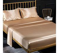 Jemiipee Ensemble 4 Pièces de Draps de Lit en Satin Couleur Unie 1 x Drap Housse 200x200 cm 2 Personnes avec Grand Bonnet de 35 cm, 1 x Drap Plat et 2 x Taie d'oreiller, Bronze