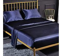 Jemiipee Ensemble 4 Pièces de Draps de Lit en Satin Couleur Unie 1 x Drap Housse 200x200 cm 2 Personnes avec Grand Bonnet de 35 cm, 1 x Drap Plat et 2 x Taie d'oreiller, Bleu Marine