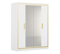 JEMMA - Armoire 4 Portes Laquée Blanc et Décor Doré avec Miroirs