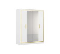 JEMMA - Armoire 4 Portes Laquée Blanc et Décor Doré avec Miroirs