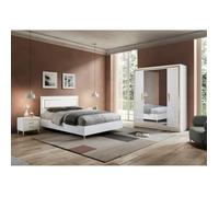 JEMMA - Chambre 160x200cm Blanche et Décor Doré Lit avec Leds + 2 Chevets + Armoire