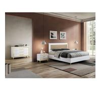 JEMMA - Chambre 160x200cm Blanche et Or Lit Tête Rembourrée avec Leds + 2 Chevets + Commode