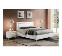 JEMMA - Ensemble Lit 160x200cm avec Leds + 2 Chevets Laqués Blanc et Décor Doré - Altobuy Blanc