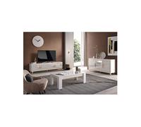 JEMMA - Ensemble Salon Blanc Décor Doré Meuble TV + Buffet avec Leds + Table Basse -
