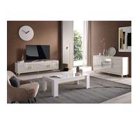JEMMA - Ensemble Salon Blanc Décor Doré Meuble TV + Buffet avec Leds + Table Basse -