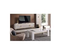 JEMMA - Ensemble Salon Blanc Décor Doré Meuble TV + Table Basse -