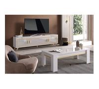 JEMMA - Ensemble Salon Blanc Décor Doré Meuble TV + Table Basse