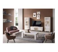 JEMMA - Ensemble Salon Complet Blanc Décor Doré Meuble TV et Vitrines avec Leds + Table Basse -