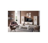 JEMMA - Ensemble Salon Complet Blanc Décor Doré Meuble TV et Vitrines avec Leds + Table Basse -