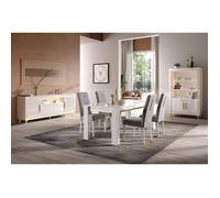 JEMMA - Ensemble Séjour Complet Blanc Décor Doré Table 160cm + Buffet et Vitrine avec Leds -