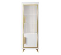 JEMMA - Vitrine 1 Porte Droite Laquée Blanc et Décor Doré avec Leds -