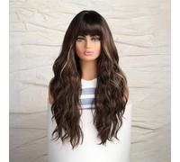 Jemora Perruque de cheveux bruns bouclés longs boucles ondulées naturelles et volumineuses avec franges perruque femme avec filet à cheveux synthétique résistant à la chaleur pour Cosplay Party usage