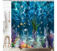 Jemsia Rideau de douche imperméable pour salle de bain avec ourlet lesté et 12 crochets en polyester lavable pour salle de bain, baignoire, spa, bulles bleues, vie marine, mer profonde