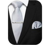 JEMYGINS Cravate pour homme avec surface mate, comprend mouchoir de poche et ensemble d'épingle à cravate, argent, M