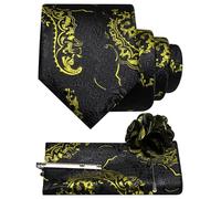 JEMYGINS Ensemble de cravates à base noire pour homme, mouchoir de poche, pince à cravate, pince à cravate avec motif baroque, pour mariage, affaires, fête, multicolore