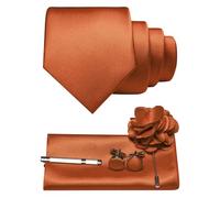 JEMYGINS Herren Krawatte aus Twill mit einfarbigem Design inklusive Pocket Square Manschettenknöpfen Krawattenklemme und Blütenbrosche Geschenkset für Partys BusinessHochzeiten bräunlichgelb