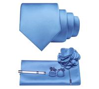 JEMYGINS Herren Krawatte aus Twill mit einfarbigem Design inklusive Pocket Square Manschettenknöpfen Krawattenklemme und Blütenbrosche Geschenkset für Partys BusinessHochzeiten hellblau
