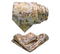 JEMYGINS Set Cravate Homme Motif Floral avec Pochette et Pince a Cravate pour Mariage Business et Ceremonie Weißes Gold