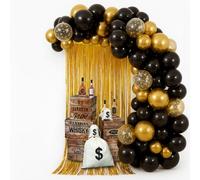 Jenaai Speakeasy Lot de 159 décorations de fête des années 20 rugissantes comprenant 5 boîtes en bois 4 bouteilles de whisky, 4 sacs dollars, 2 rideaux à franges, 144 ballons pour fête de jazz rétro