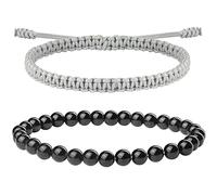 JENDEAR SHINE Bracelet Pierre Naturelle Femme, Bracelet Onyx Noir 6mm, Composé d'un Bracelet Perlé Agate et d'un Bracelet Corde Tressée