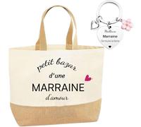 jenich Cadeau Marraine Sac Marraine Tote Bag Marraine Petit Bazar d’une Marraine d'amour Porte Clé Marraine Cadeau Idée pour Femme Cadeau de Fin d'Année Noël