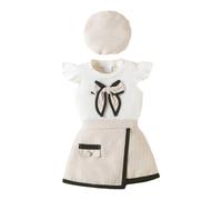 JENJON Ensemble Bébé Fille Manches à Volants Côtelés Tops à Nœud Papillon + Elegante Mini Jupe à Carreaux en Tweed + Béret 3Pcs Été Vêtements Tenues Abricot 18-24 Mois