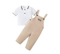 JENJON Ensemble Bébé Garçon 2 Pièces Tenues D'Été T-Shirt Rayé À Manches Courtes+Salopette Short À Bretelles Vêtement Pour Bébé Printemps Maternelle Kaki Polo 18-24 Mois