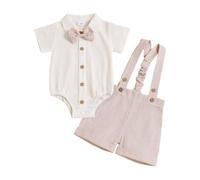 JENJON Ensemble Bébé Garçon Gentleman Bretelles Shorts Manches Courtes/Longues Uni Haut avec Nœud Papillon +Rayée Salopette Vêtements d'été Anniversaire Tenue
